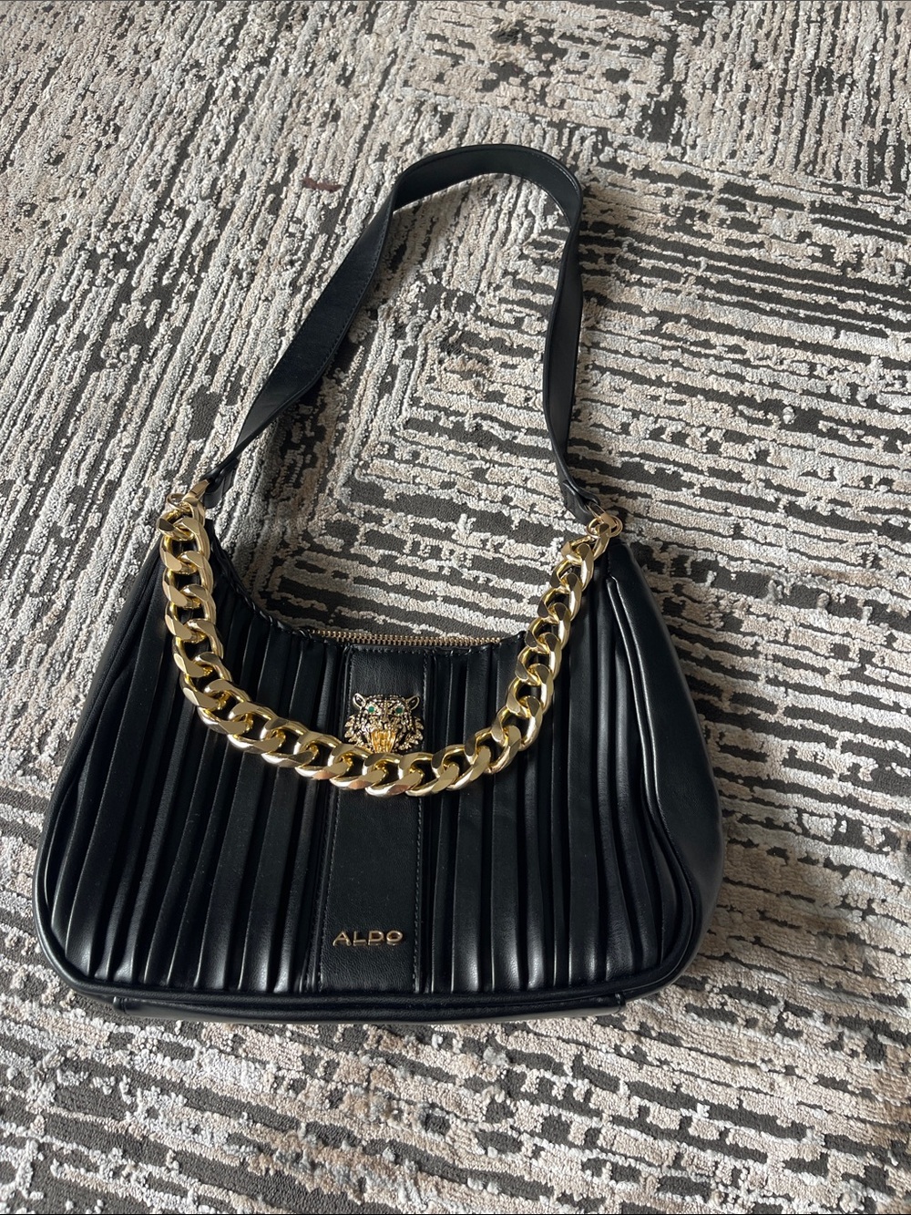 ALDO Black Pleated Shoulder Bag with Gold Chain